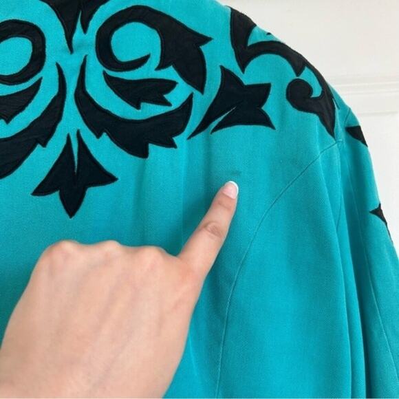 Vintage 1990s Cropped Jacket Shoulder Pads Western Teal Turquoise Dolly Parton M - Picture 9 of 11